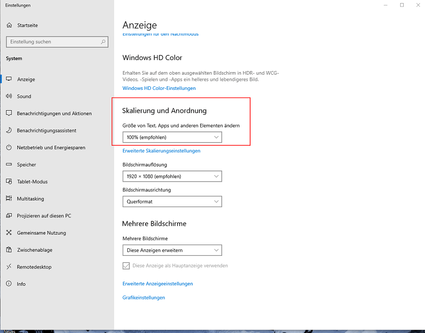 Skalierungseinstellungen in Windows 10 ändern